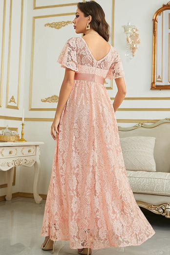 Sparkly Blush Lace Long Wedding Guest Dress
