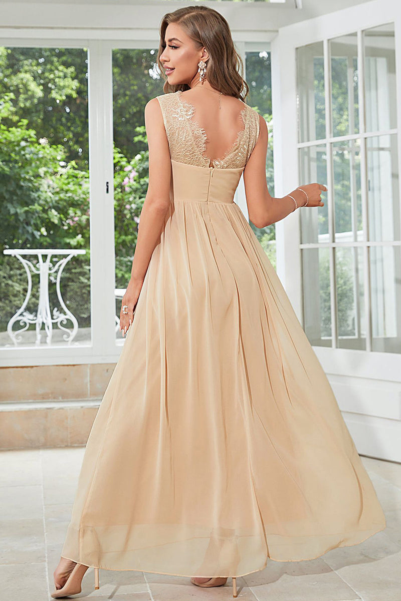 Load image into Gallery viewer, Apricot Chiffon Long Wedding Guest Dress with Lace
