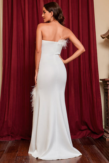 White Satin Feathers Prom Dress with Slit