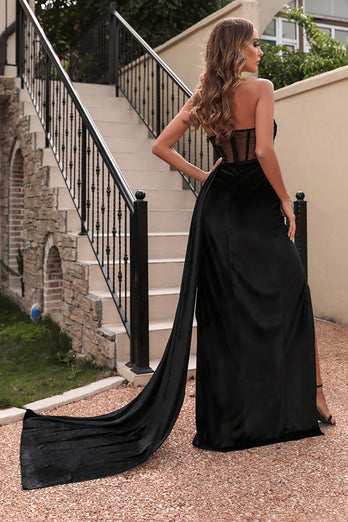 Black Strapless Corset Prom Dress with Slit