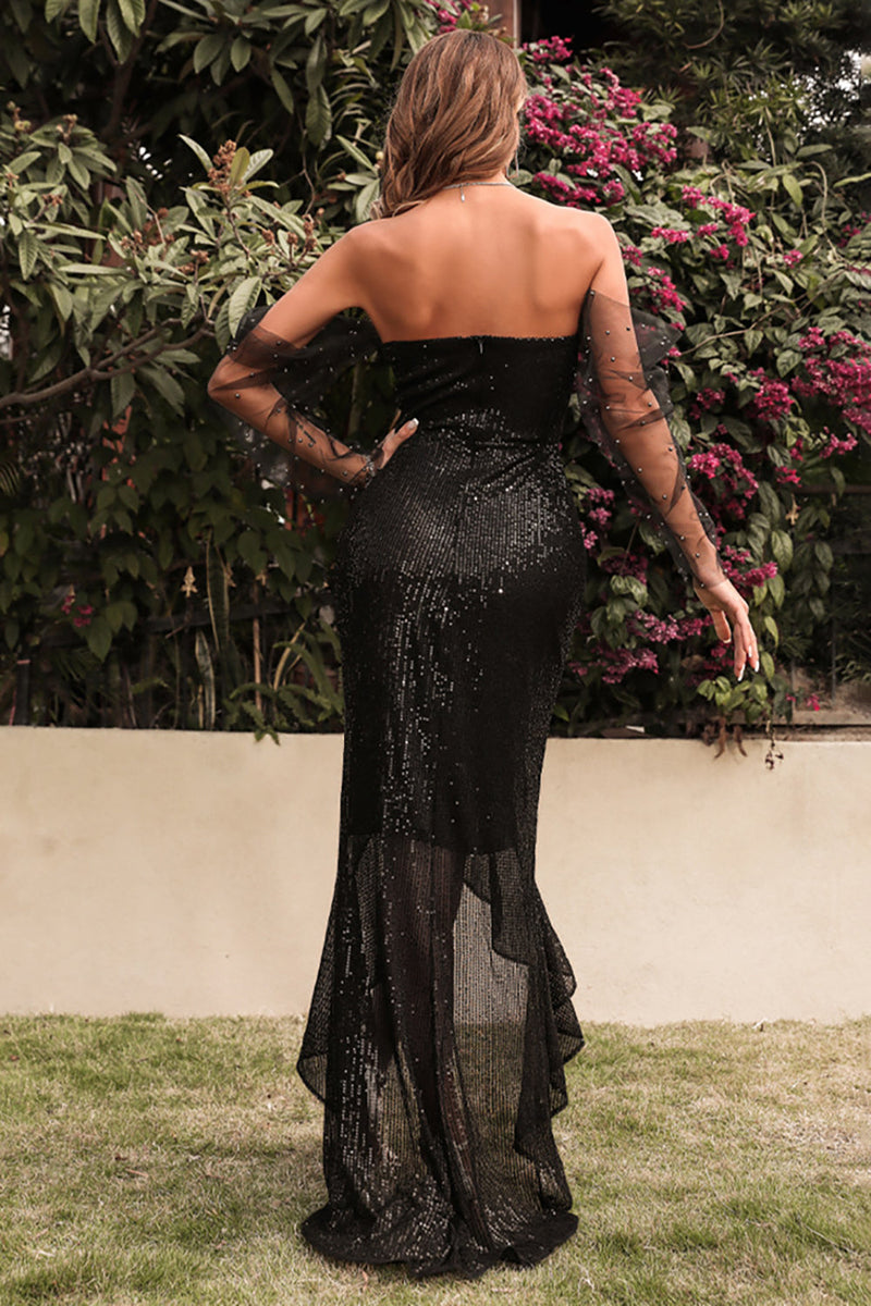 Load image into Gallery viewer, Sequins Black Off the Shoulder Prom Dress