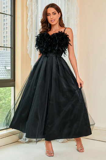Black Spaghetti Straps Open Back Prom Dress With Feathers