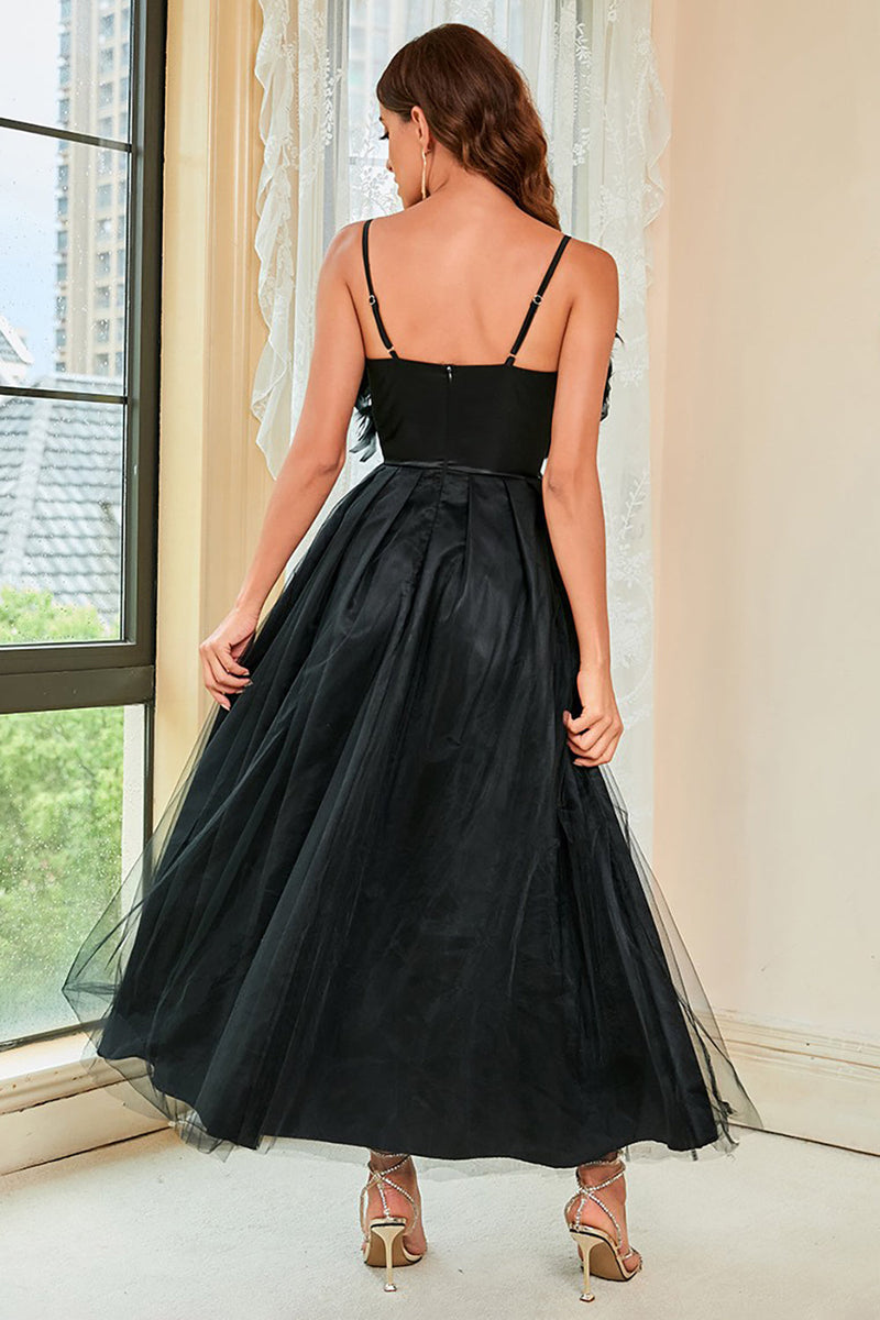 Load image into Gallery viewer, Black Spaghetti Straps Open Back Prom Dress With Feathers