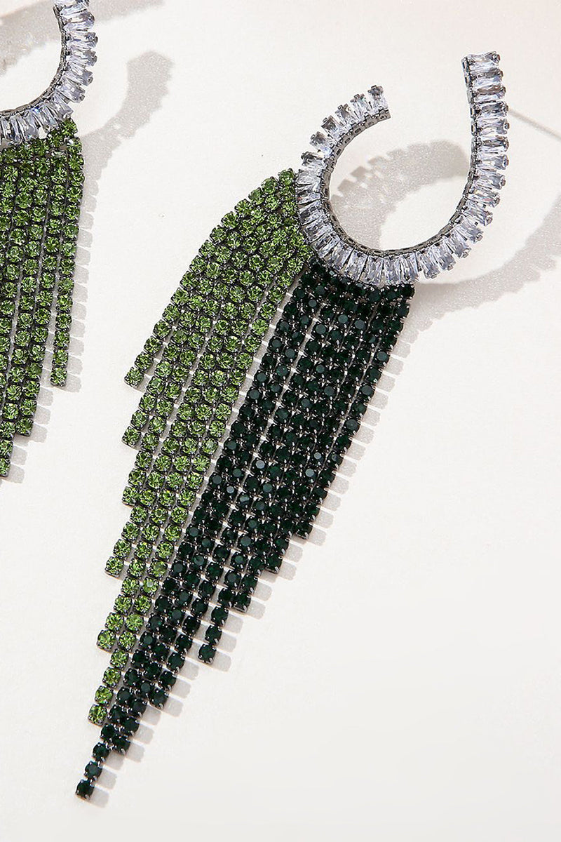 Load image into Gallery viewer, Rhinestones Green Tassel Earrings