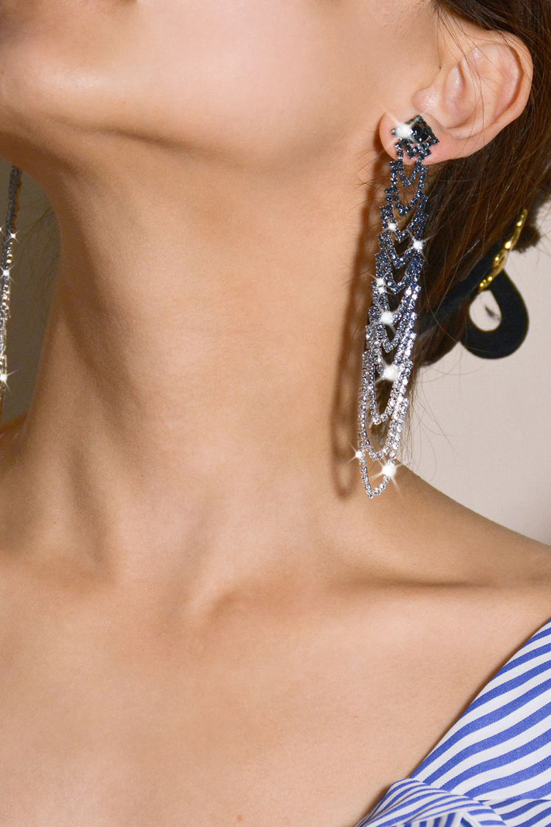Load image into Gallery viewer, Grey Rhinestones Tassel Long Earrings