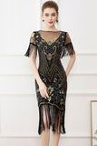 Black Sequins Bodycon 1920s Dress with Fringes