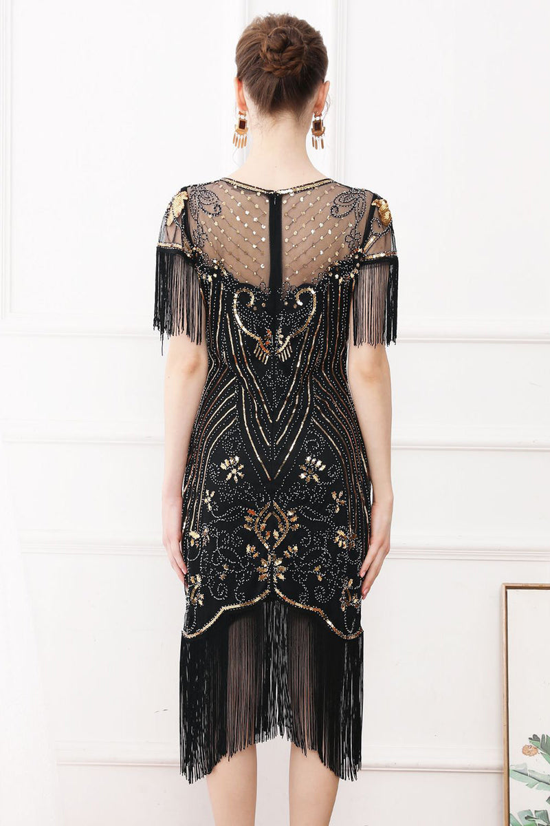 Load image into Gallery viewer, Black Sequins Bodycon 1920s Dress with Fringes