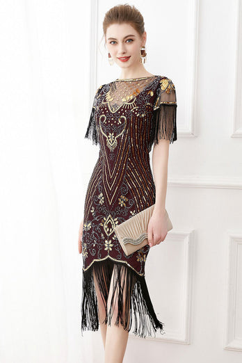 Black Sequins Bodycon 1920s Dress with Fringes