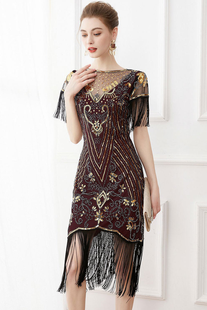 Load image into Gallery viewer, Black Sequins Bodycon 1920s Dress with Fringes