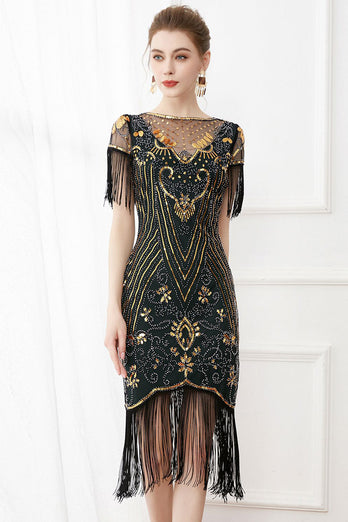 Black Sequins Bodycon 1920s Dress with Fringes