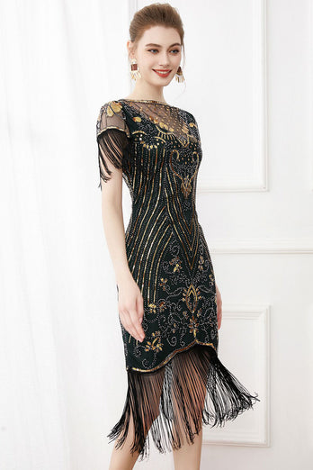 Black Sequins Bodycon 1920s Dress with Fringes