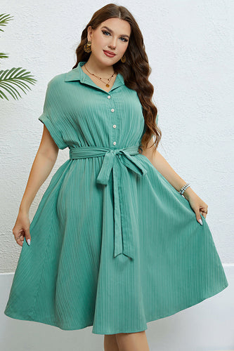 Green Short Sleeves Plus Size Summer Dress With Belt