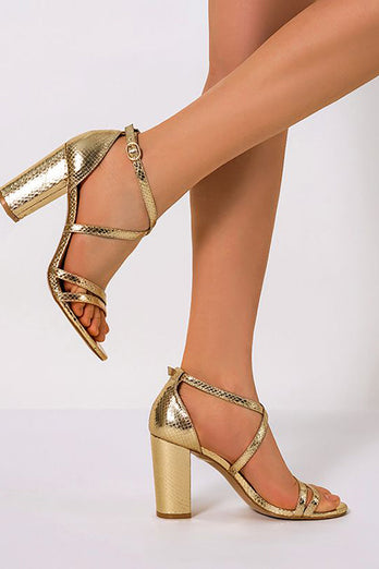 Golden Chunky High Heel Ankle Strap Sandal