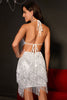 Load image into Gallery viewer, Sparkly Halter Backless Sequins Black Short Homecoming Dress with Fringes