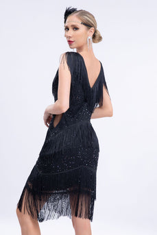 V-Neck Black Beaded Roaring 20s Gatsby Fringed Flapper Dress