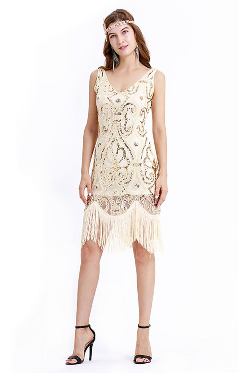 Load image into Gallery viewer, Sparkly V-Neck Apricot Gatsby Fringed Flapper Dress
