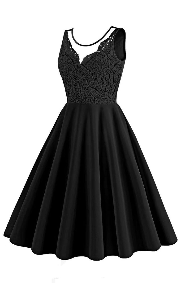 Load image into Gallery viewer, Black Sleeveless A Line 1950s Dress with Lace