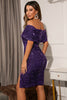 Load image into Gallery viewer, Off the Shoulder Dark Purple Sparkly Sequin Bodycon Cocktail Dress