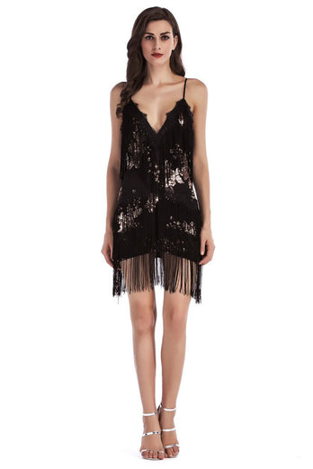 Black Sequin Spaghetti Straps Short Cocktail Dress With Fringes