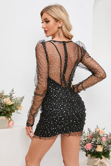 V-Neck Beaded Black Homecoming Dress with Long Sleeves
