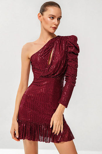 One Shoulder Sparkly Red Short Homecoming Dress
