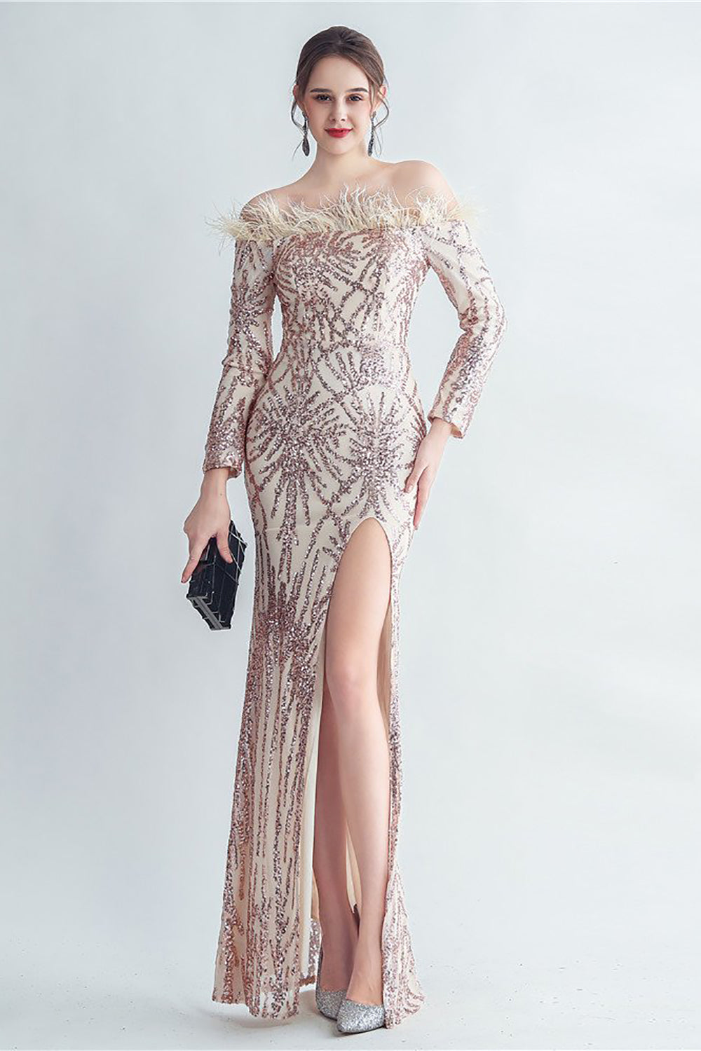 Sparkly Off The Shoulder Sequins Golden Prom Dress with Feathers