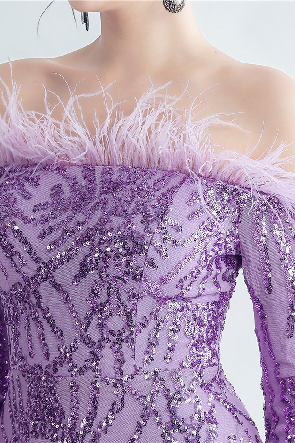 Sparkly Off The Shoulder Sequins Golden Prom Dress with Feathers