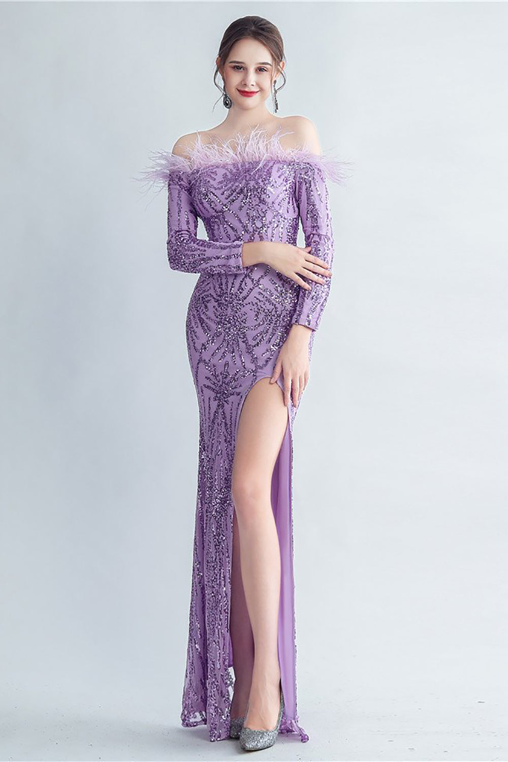 Sparkly Off The Shoulder Sequins Golden Prom Dress with Feathers