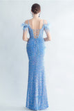 Cold Shoulder Sequins Blue Corset Prom Dress with Feathers