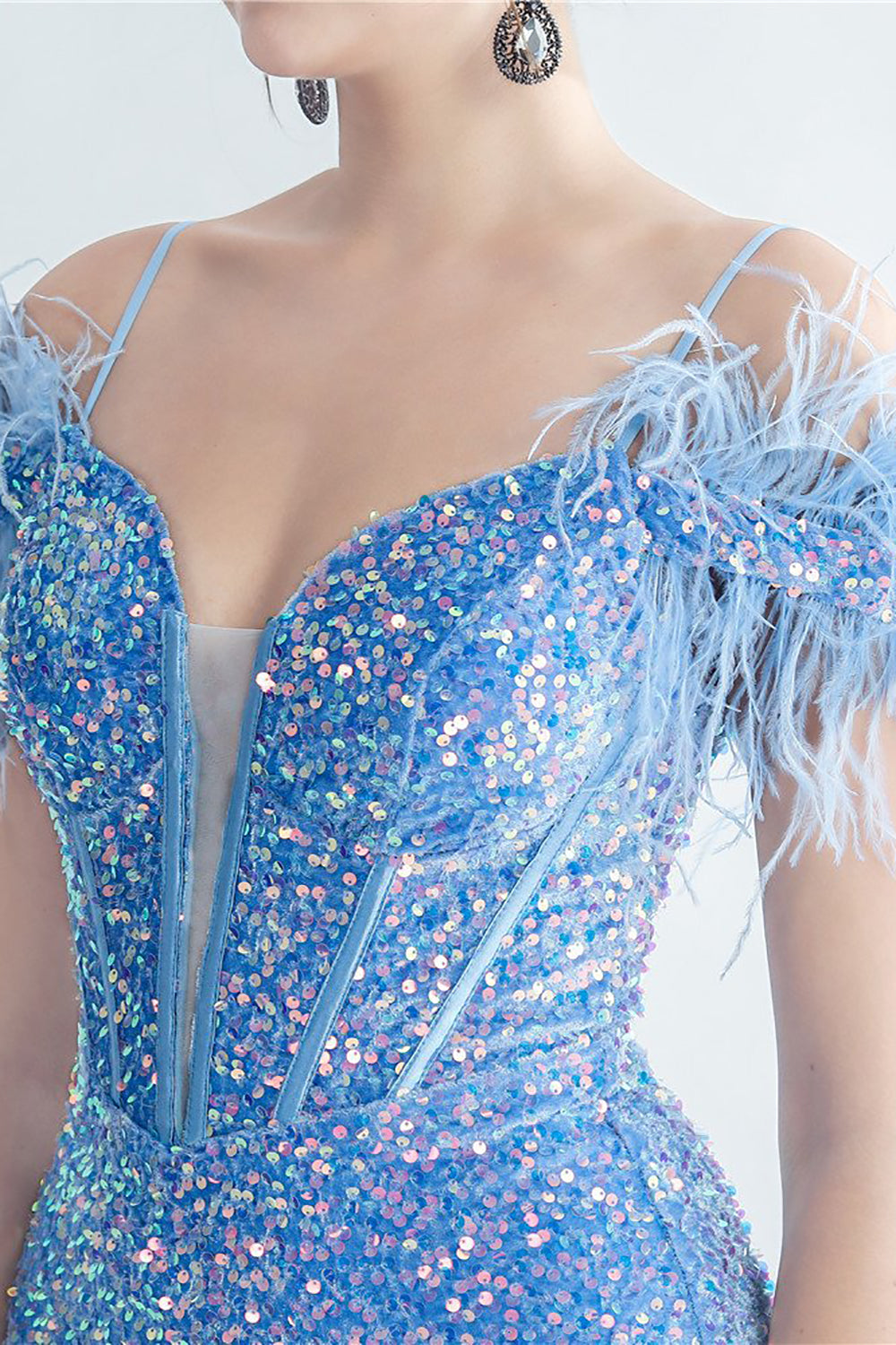 Cold Shoulder Sequins Blue Corset Prom Dress with Feathers