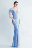 Cold Shoulder Sequins Blue Corset Prom Dress with Feathers