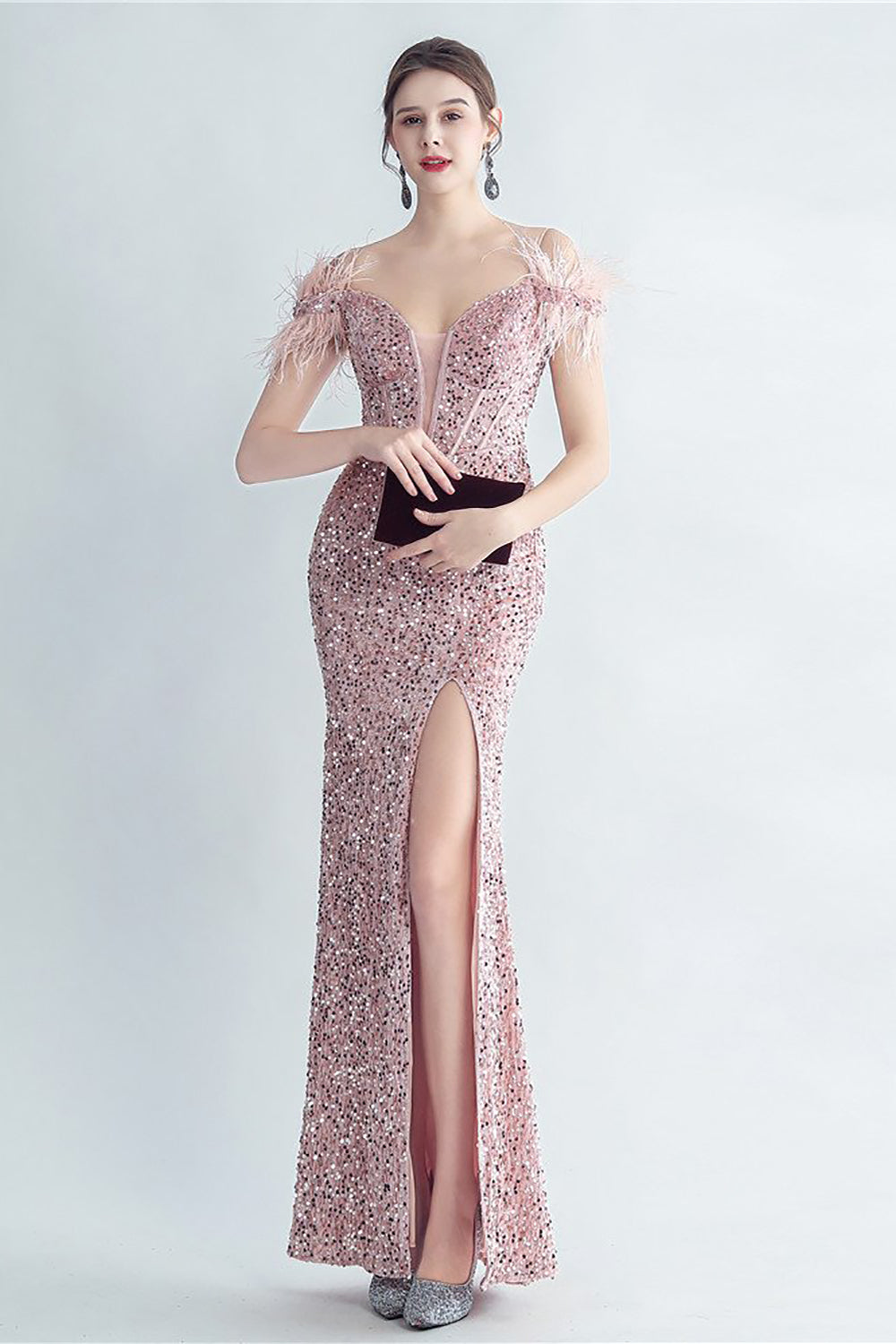 Cold Shoulder Sequins Blue Corset Prom Dress with Feathers