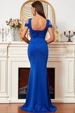 Satin Mermaid Cold Shoulder Royal Blue Prom Dress