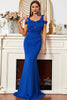 Load image into Gallery viewer, Satin Mermaid Cold Shoulder Royal Blue Prom Dress