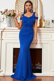 Satin Mermaid Cold Shoulder Royal Blue Prom Dress