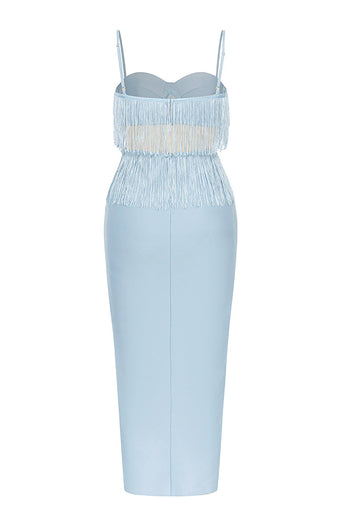 Light Blue Spaghetti Straps Sheath Cocktail Dress With Tassel