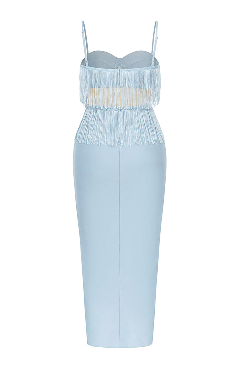 Load image into Gallery viewer, Light Blue Spaghetti Straps Sheath Cocktail Dress With Tassel