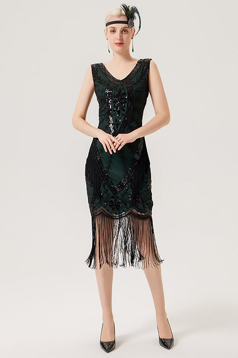 Load image into Gallery viewer, Sparkly Black Flapper Dress With Fringes