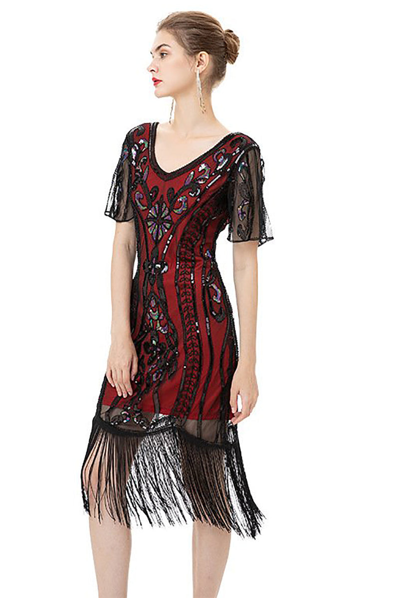 Load image into Gallery viewer, Black Fringes Sparkly 1920s Dress with Short Sleeves