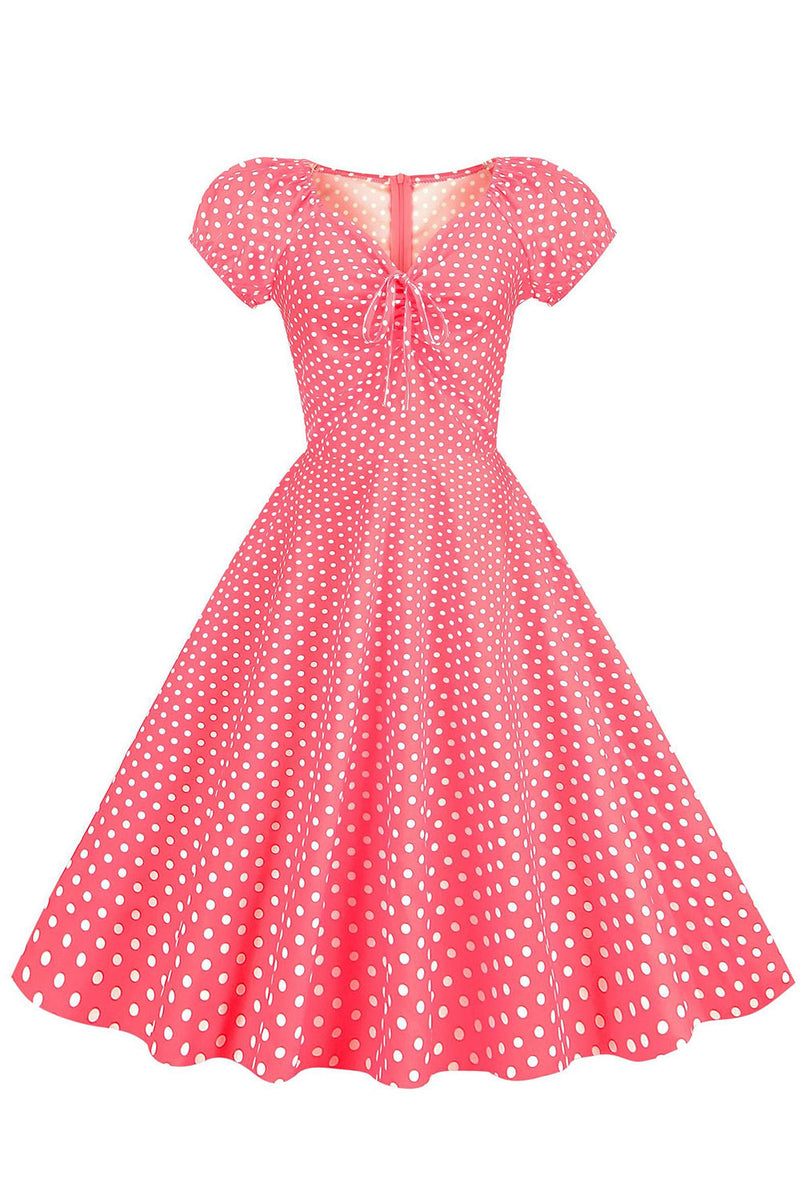 Load image into Gallery viewer, Pink Red Polka Dots Puff Sleeves 1950s Dress