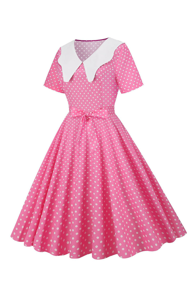 Load image into Gallery viewer, Pink Polka Dot Short Sleeves Peter Pan Vintage Dress