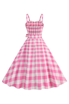 Plaid Pink Spaghetti Straps A Line 1950s Dress