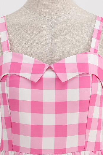 Plaid Pink Spaghetti Straps A Line 1950s Dress