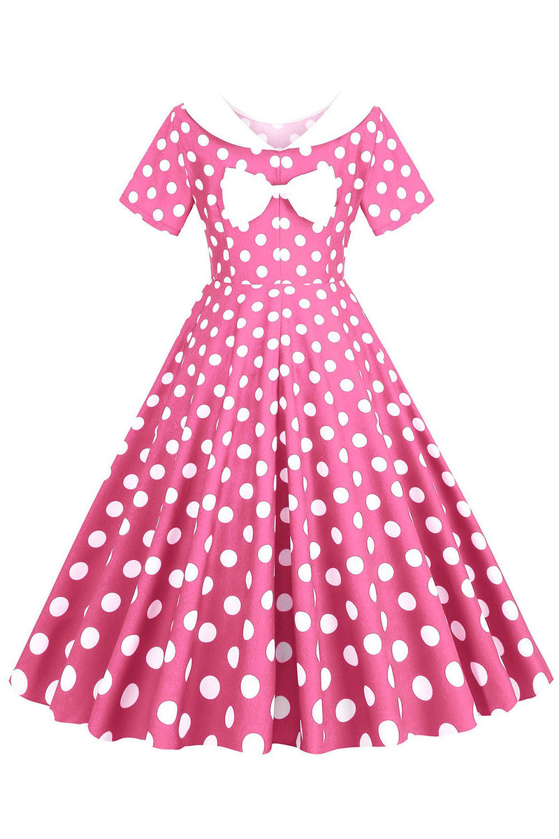 Load image into Gallery viewer, Pink Polka Dots Boat Neck 1950s Dress With Bowknot