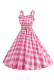 Pink Plaid A Line Smocked 1950s Dress