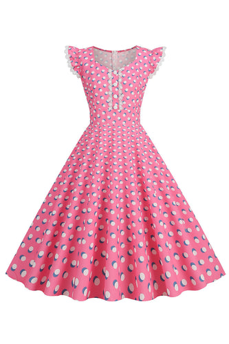A Line Pink Polka Dots Flutter Sleeves Vintage Dress