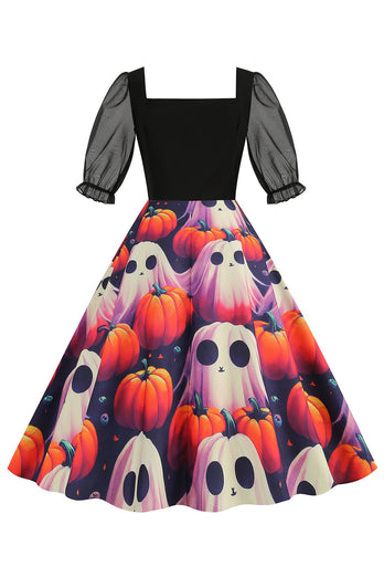 Black A Line Halloween Printed Vintage Dress