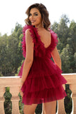Red Deep V Neck Open Back Short Homecoming Dress With Ruffles