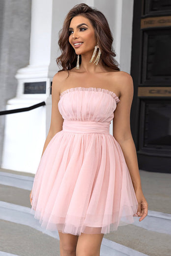 Pink Strapless A Line Tulle Short Homecoming Dress