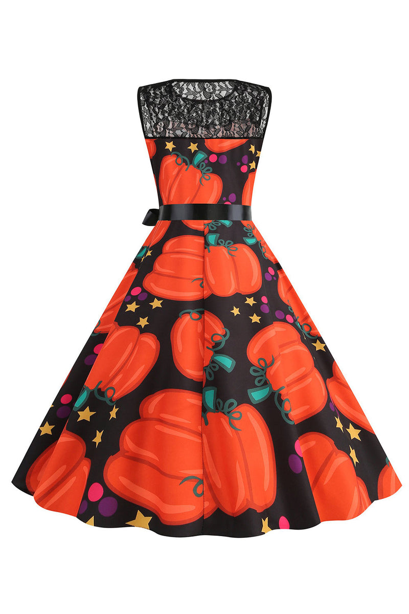 Load image into Gallery viewer, Halloween Pumpkin Printed Orange Vintage Dress